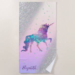 Toalha De Praia Unicorn, Estrelas, Brilho Prateado Bokeh - Persona