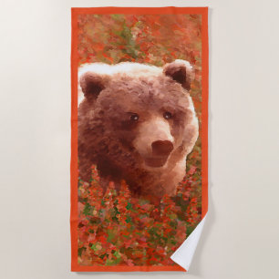 Toalha De Praia Urso Grizzly na Pintura de Arte Selvagem com Algas