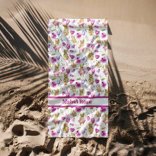 Toalha De Praia Ursos Rosa Balões e Flores Rapariga