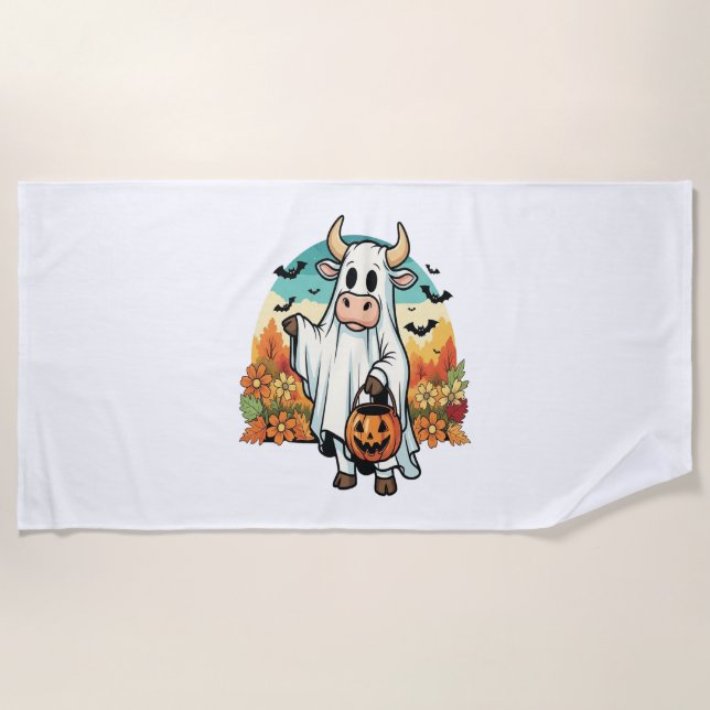 Toalha De Praia Vaca Fantasma Dia de as Bruxas engraçado (Frente)