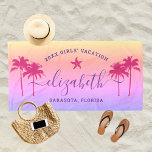 Toalha De Praia Vagas de Raparigas Roxas Personalizadas de Palmeir<br><div class="desc">Design personalizado de toalha de praia para uma fuga de praia para meninas, apresenta um nome personalizado em um roteiro moderno, acentuado com estrelas-do-mar e enquadrado por palmeiras tropicais. Personalize com um nome e texto personalizado para a ocasião especial. O plano de fundo inclui um bonito gradiente do pôr do...</div>