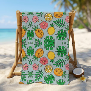 Toalha De Praia Verão Tropical Retro Azul Citrino Limão Abacaxi