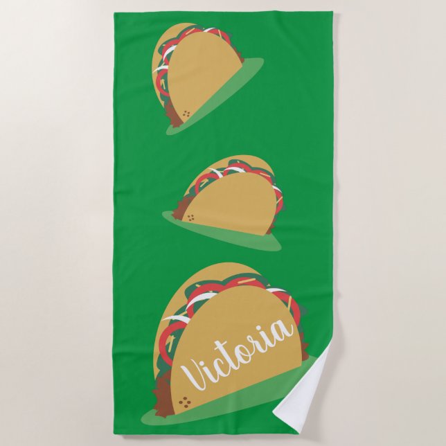 Toalha de Praia Verde com Nome Flutuante de Taco (Frente)