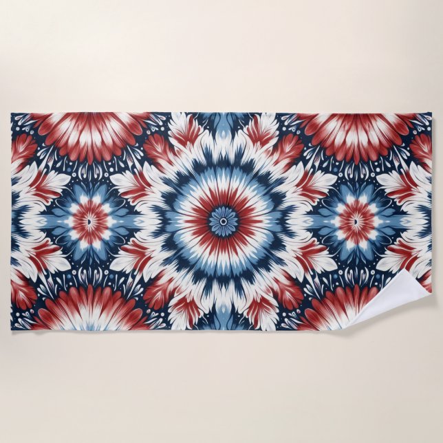 Toalha De Praia Vermelho, Branco e Azul Tie-dye (Frente)