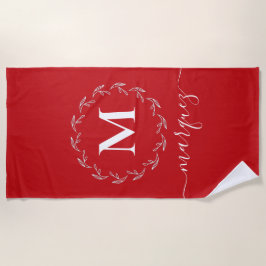 Toalha De Praia Vermelho Natal | Monograma branco de coroa botânic