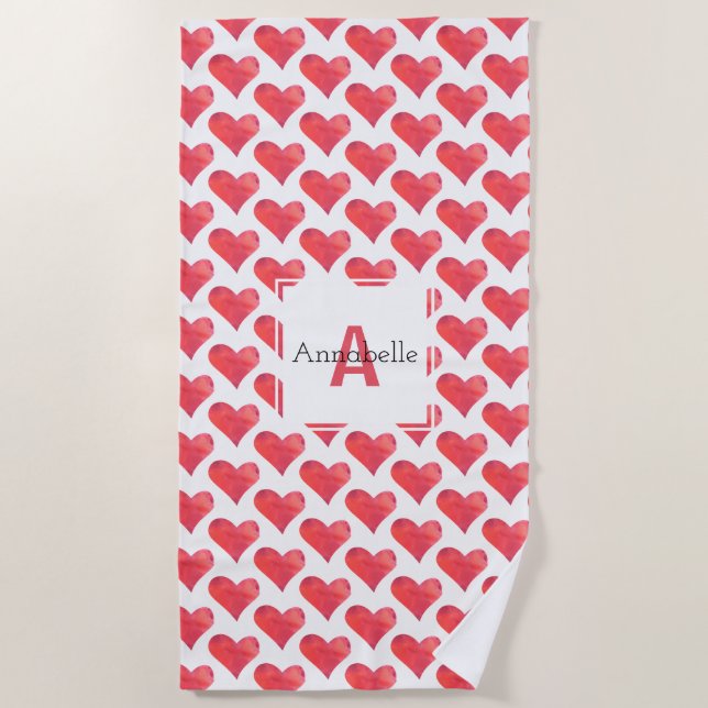 Toalha De Praia Vermelho personalizado teste padrão do monograma (Frente)
