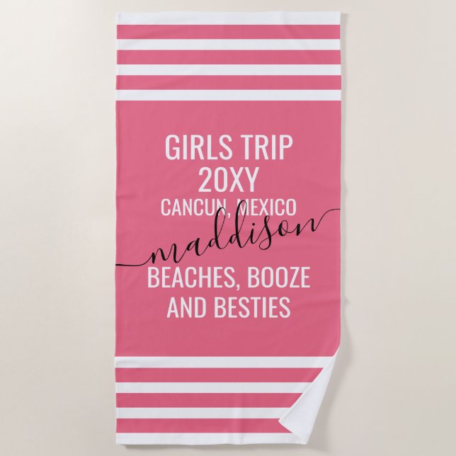 Toalha De Praia Viagem de Meninas Amigas Praias Bebidas Nome Rosa (Frente)