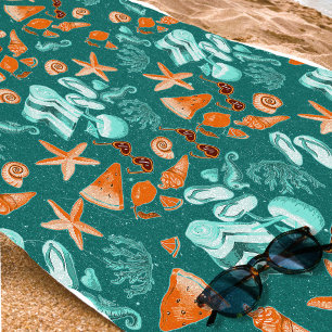 Toalha De Praia Viagem de Verão no Tom Azul Retro Vibes de Praia F