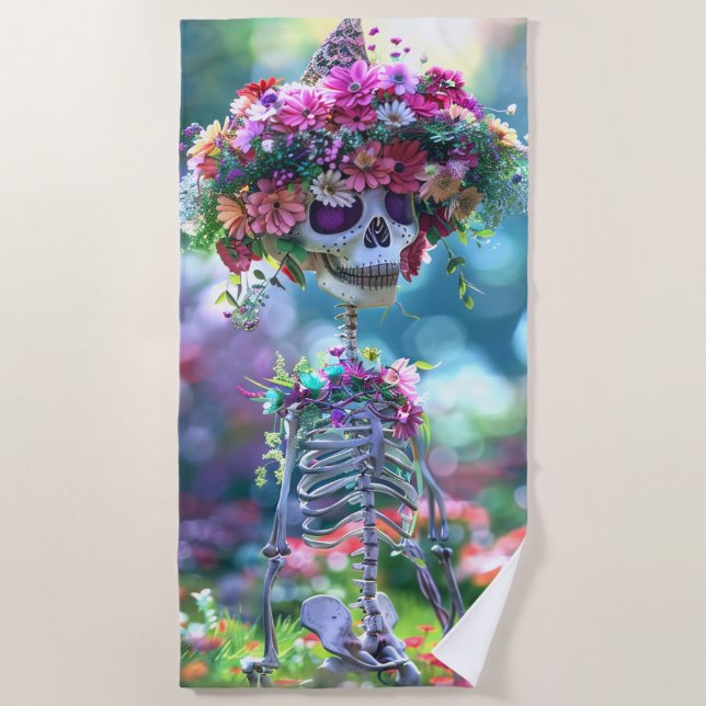 Toalha De Praia Vibrant Hippie Skeleton Floral Crown Garland (Frente)