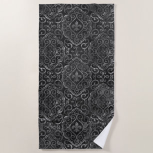 Toalha De Praia Vintage Fleur de Lis Black Silver Grunge Damask
