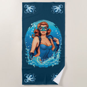 Toalha De Praia Vintage Graphic Design Female Scuba Diver