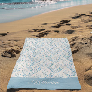 Toalha De Praia Vintage Minimalista Azul Empoeirado Creme Script F
