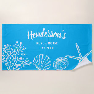 Toalha De Praia Vintage Shell Starfish Nome da Casa Azul Branco