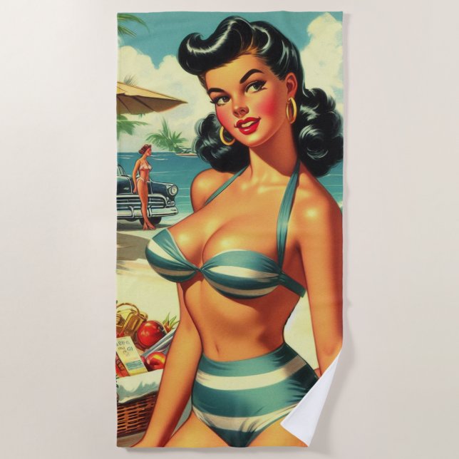 Toalha De Praia Vintage Summer Beach Pin Ups (Frente)