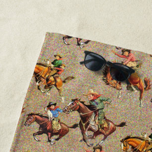 Toalha De Praia Vintage Western Cowboy Kids em Cavalos