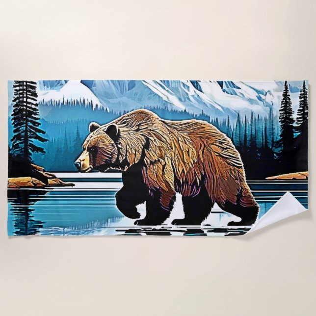 Toalha De Praia Vista de Montanha do Lago Grizzly (Frente)