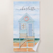 Watercolor Beach Hut Beach Towel Personalizado