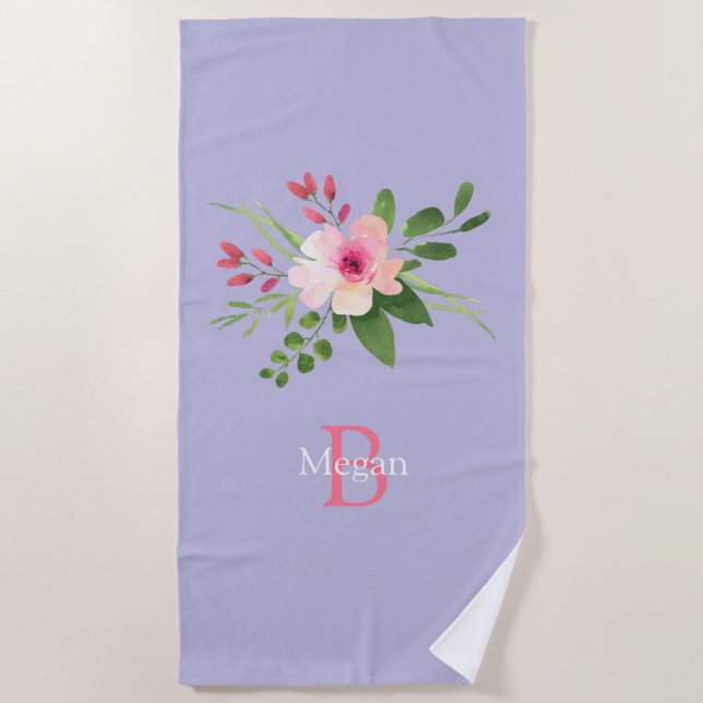 Toalha De Praia Watercolor Flower, Name & Monogram on Lavender (Frente)