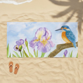 Toalha De Praia Watercolor Kingfisher with Purple Irises