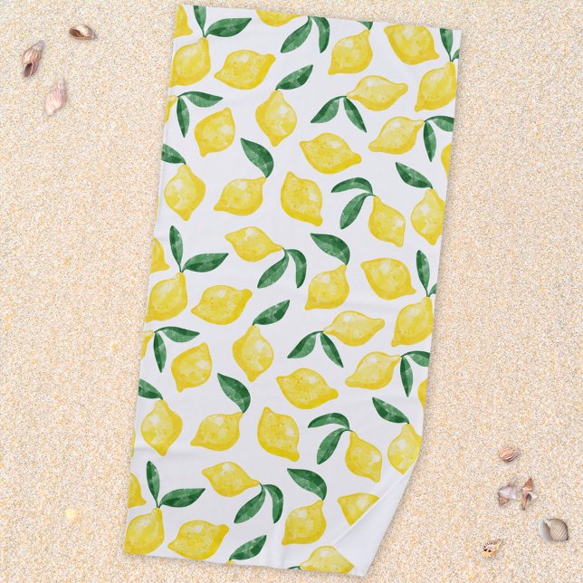 Toalha De Praia Watercolor Lemon Mediterrânica Citrus (Mediterranean citrus lemon watercolor pattern beach towel)