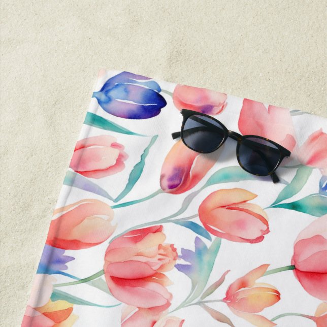 Toalha De Praia Watercolor Tulips Pattern Beach Towel (In Situ)