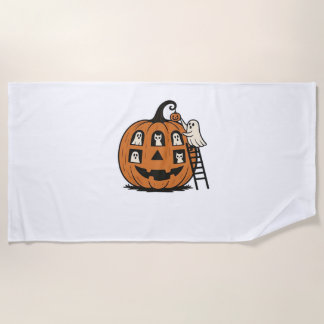 Toalha De Praia Whimsical Spookkin Pumpkin com Fantasmas, Gatos e