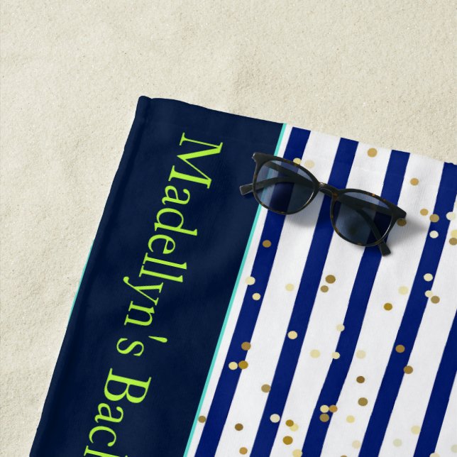 Toalha De Praia White Blue Stripes Casamento Moderno Monograma (In Situ)