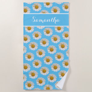 Toalha De Praia White Daisies em Sky Blue Personalised Beach Towel