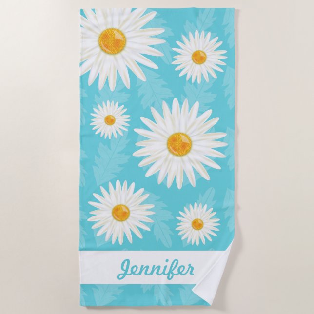 Toalha De Praia White Daisies On Blue Com Nome Personalizado (Frente)