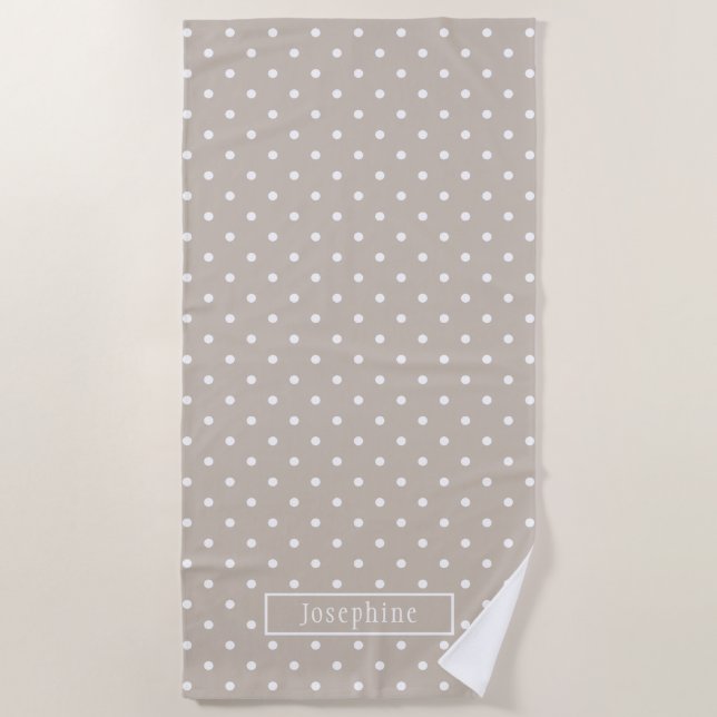 Toalha De Praia White On Beige Polka Dots Pattern With Custom Name (Frente)