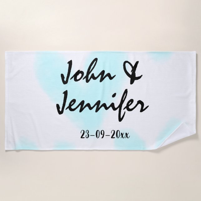 Toalha De Praia white simple minimal text style wedding blue heart (Frente)