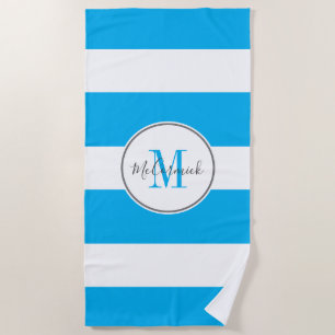 Toalha De Praia White Stripes Branco Azul Céu Chinês Monograma Per