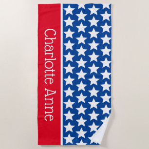 Toalha De Praia White Vermelho e Estrelas Azuis Personalizadas