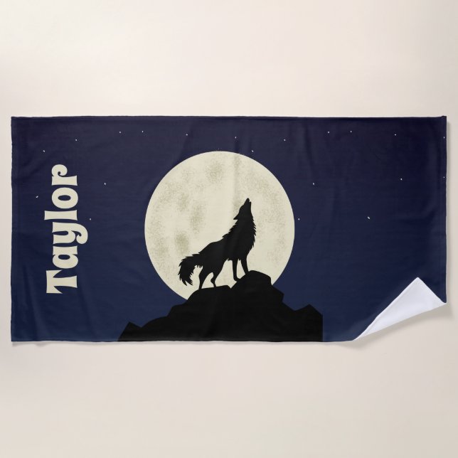 Toalha De Praia Wolf Howling personalizado na ilustração da lua (Frente)