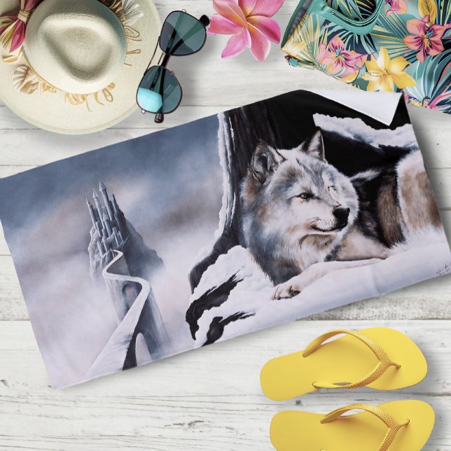 Toalha De Praia Wolf Winter Castle Fantasy (Criador carregado)