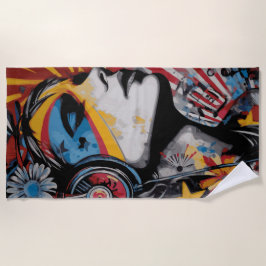 Toalha De Praia Woman with Headphones Street Art Portrait