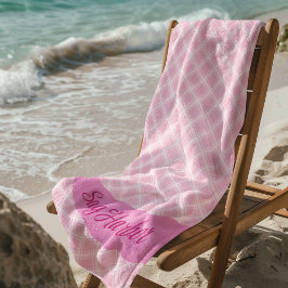Toalha de Praia Xadrez Rosa com Texto Personalizad