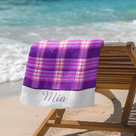 Toalha de Praia Xadrez Rosa Roxo Personalizada