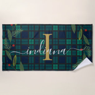 Toalha De Praia Xadrez Rústico Monograma Script Wreath Tartan
