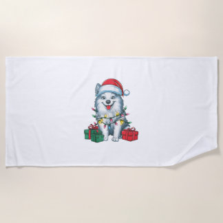 Toalha De Praia Xmas Lighting Santa Hat American Eskimo Dog Cristo