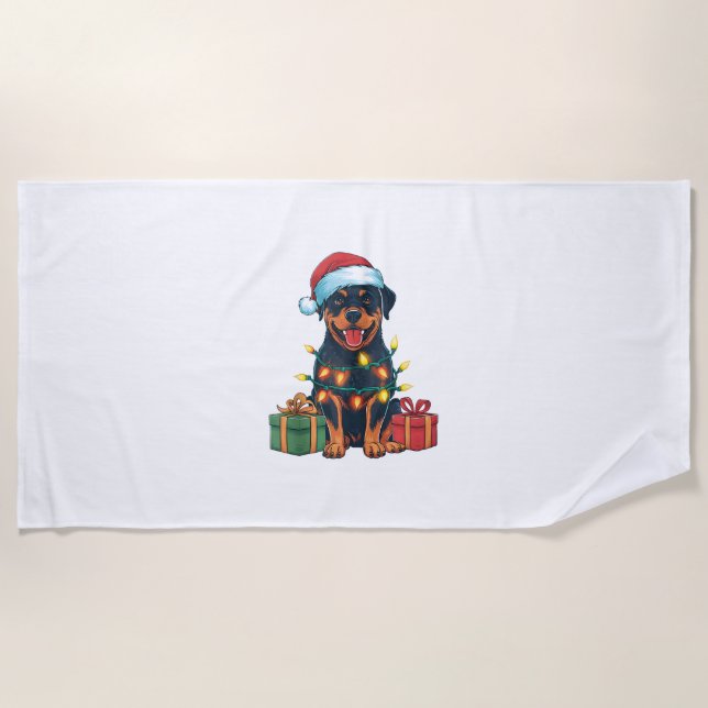 Toalha De Praia Xmas Lighting Santa Hat Rottweiler no Natal (Frente)