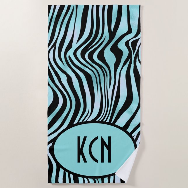 Toalha De Praia Zebra Estampado Preto e Turquesa Monogramado (Frente)