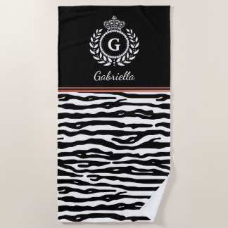 Toalha De Praia Zebra Stripes Laurel Wreath Crown Black White Name