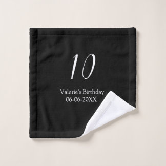 Toalha De Rosto 10th birthday white black name date calligraphy 