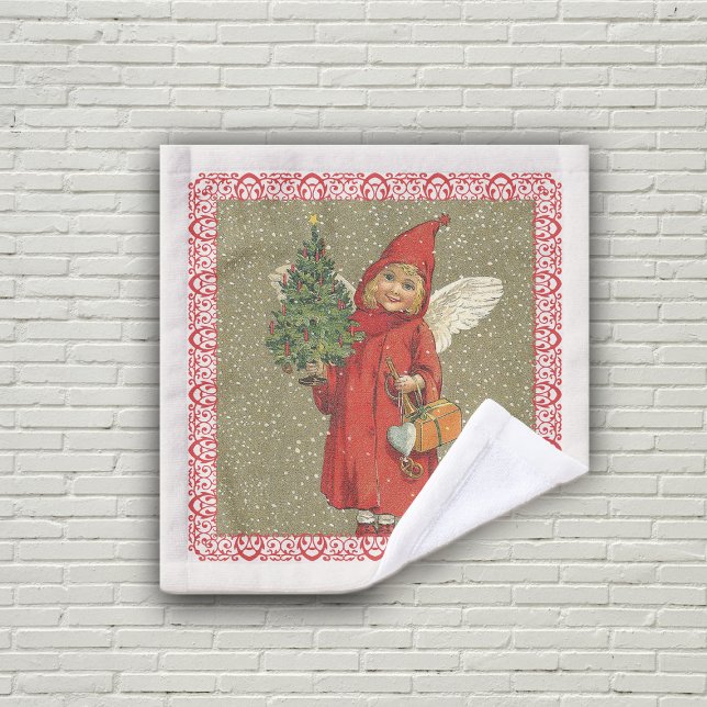 Toalha De Rosto Anjo Vitoriano Vermelho Cabo Árvore de Natal Neve (Little Victorian angel red cape, Christmas tree in red frame on tan with snowflakes on wash cloth.)