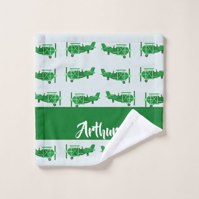 Toalha De Rosto Aviões voadores verdes em azul (Pano de lavar)