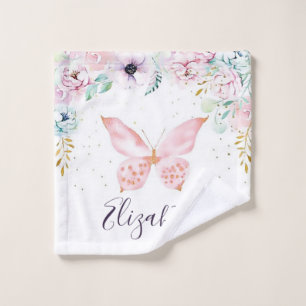 Toalha De Rosto Bebê floral pastel e borboleta