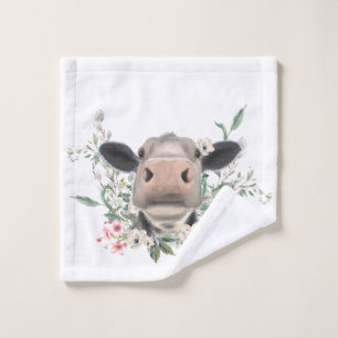 Toalha De Rosto beijo de nariz de vaca flores aquarela cinza anima