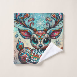 Toalha De Rosto Big Eye Christmas Reindeer Folk Art Personalized
