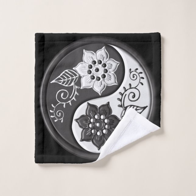 Toalha De Rosto Black and Silver Floral Yin Yang (Pano de lavar)